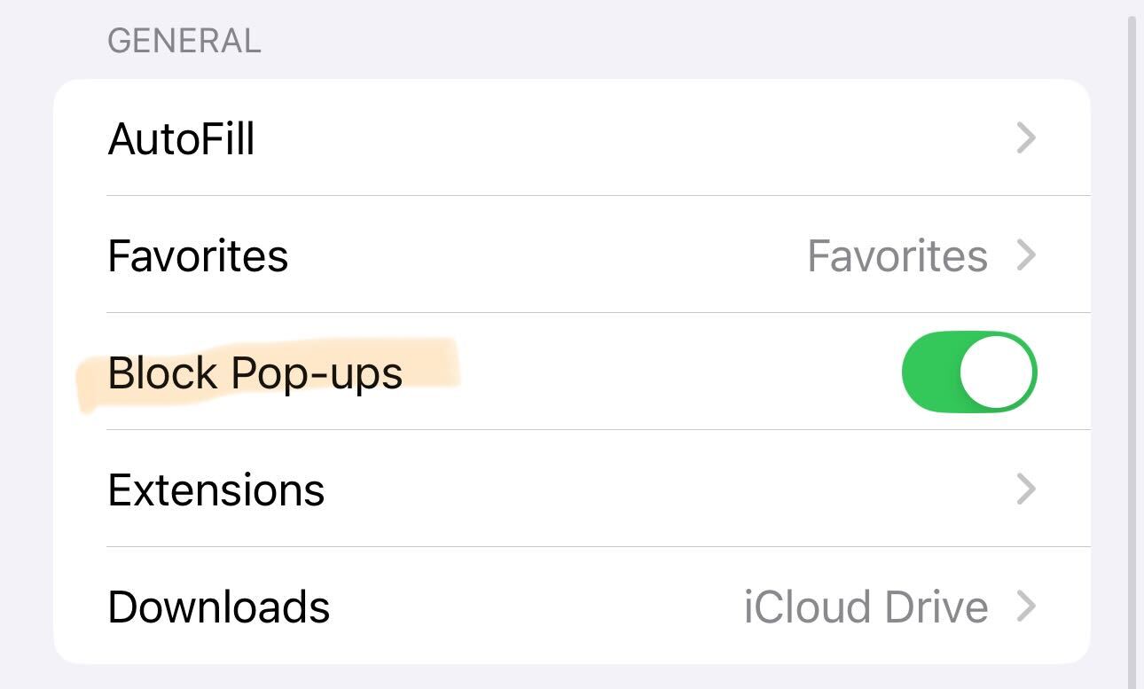 Safari 설정의 Block Pop-ups 항목이 켜져 있는 화면